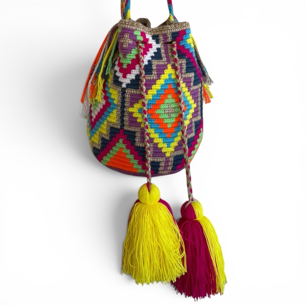 Southwestern Wayuu Mochila Handwoven Boho Bucket Bag Geometric Tassel Crossbody - Picture 2 of 9